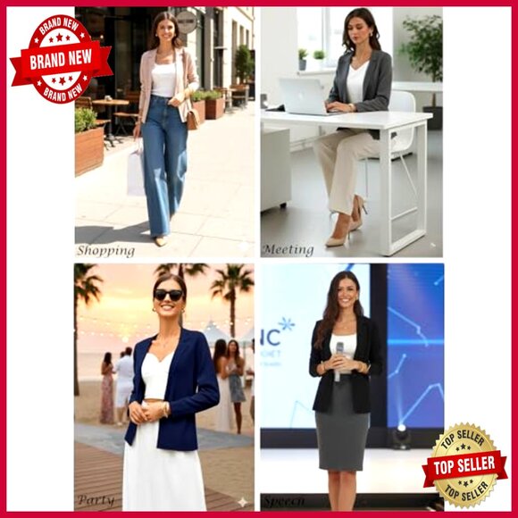 Knit Blazer Jacket Lightweight Cropped Fitted Business Casual Office Wear - Picture 6 of 7